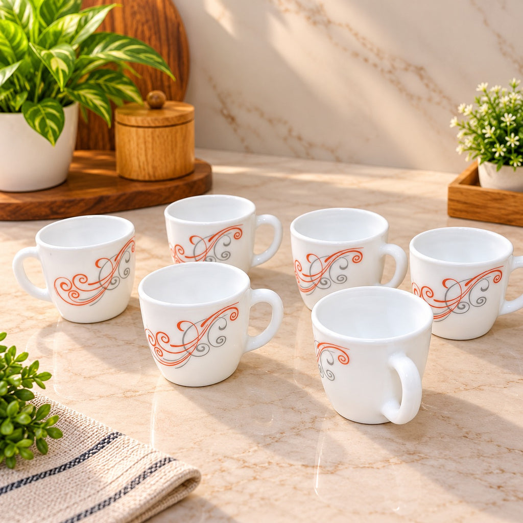Cello Ricca Red Swirl Cups Set of 6, 100 ml Small Tea Coffee Cups with Elegant Red & Grey Design for Home, Office and Daily Use