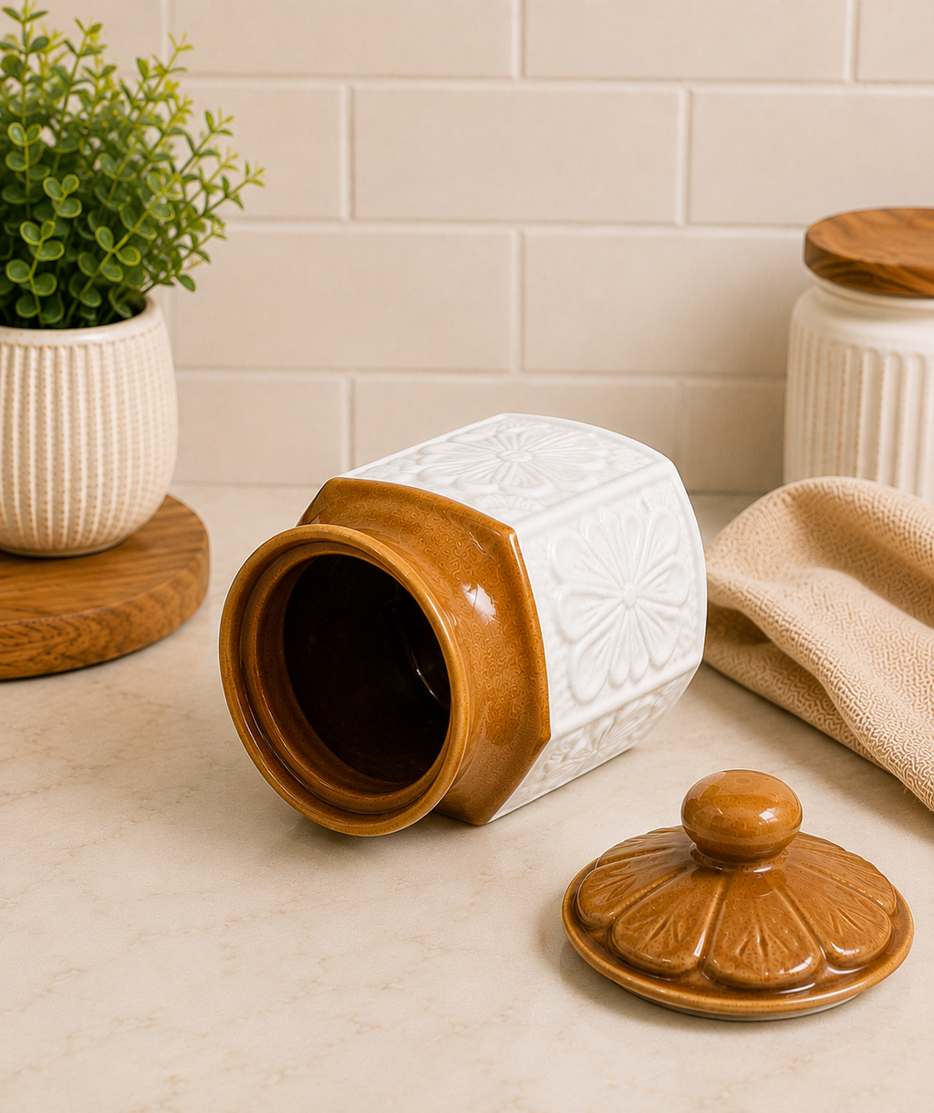 Barniwala 1500 ML Ceramic Carving Storage Jar with Lid | Premium Decorative Kitchen Container for Pickle, Achar, Spices, Sugar, Tea, Coffee, Dry Fruits & Snacks | Stylish Pantry Organizer & Food Storage Canister