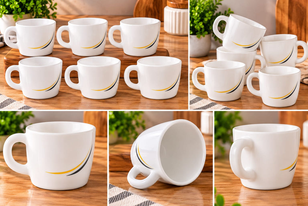 CELLO Stella Golden Arc Cup Set of 6, 100 ML | Elegant White Tea & Coffee Cups with Golden & Black Arc Design | Stylish Cups for Home & Office