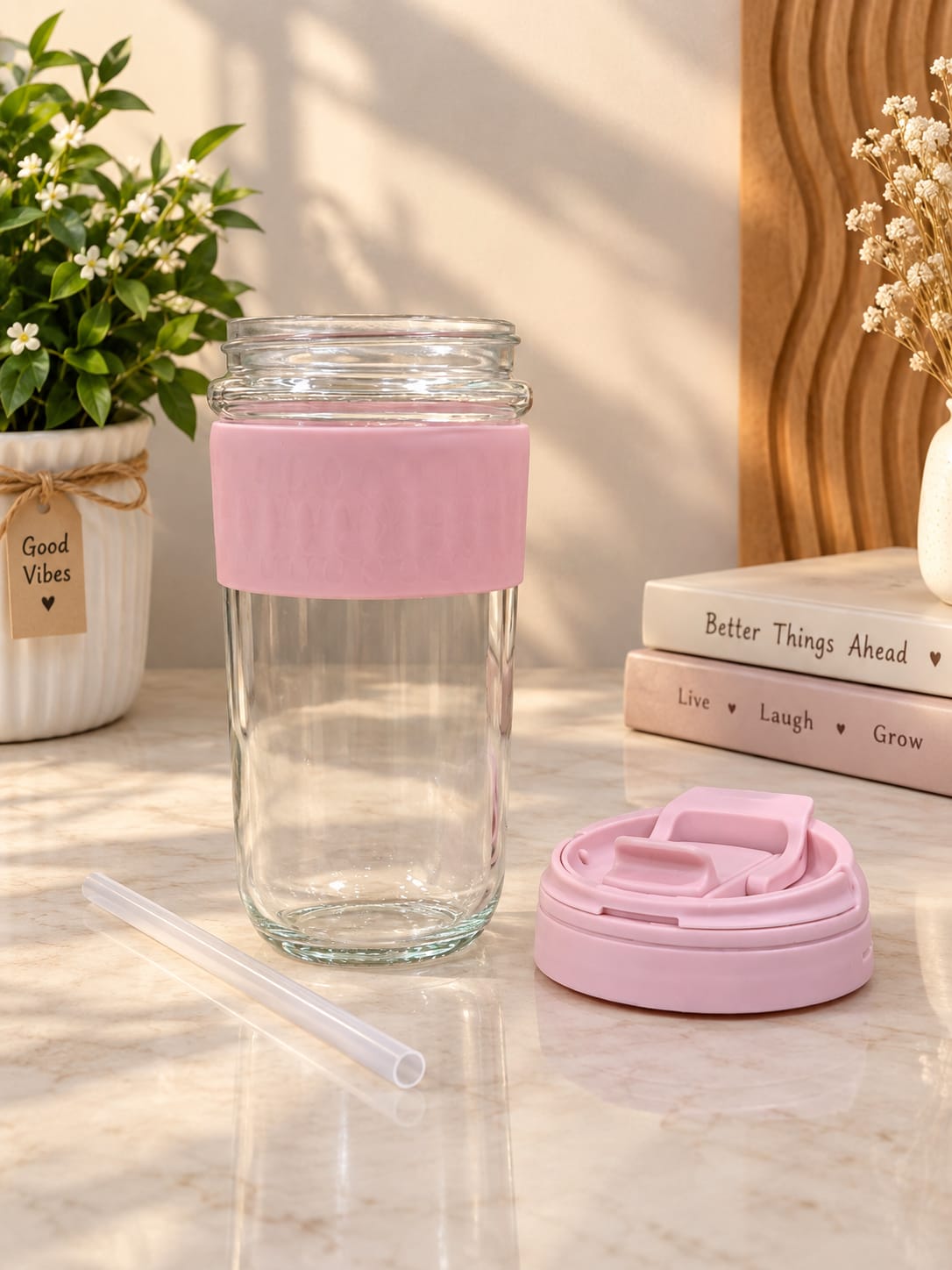 Blush Pink Glass Tumbler Pack of 1 | Premium Glass Sipper Cup with Flip Lid & Straw | Stylish Drinking Cup for Water, Juice, Cold Coffee, Milkshake, Smoothies & Mocktails