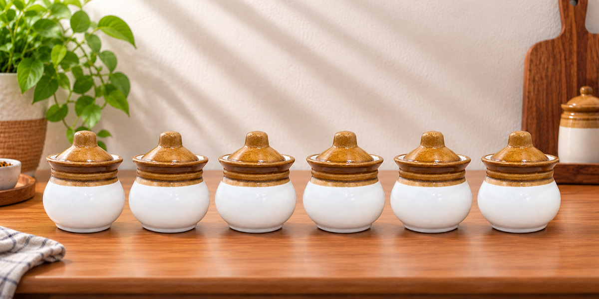 Barniwala 150 ML Ceramic Handi Lota Storage Jars  with Lids Pack of 6 | Mini Traditional Kitchen Containers for Pickle, Achar, Spices, Sugar, Tea, Coffee, Dry Fruits & Snacks | Decorative Pantry Organizer & Food Storage Jars