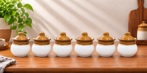 Barniwala 150 ML Ceramic Handi Lota Storage Jars  with Lids Pack of 6 | Mini Traditional Kitchen Containers for Pickle, Achar, Spices, Sugar, Tea, Coffee, Dry Fruits & Snacks | Decorative Pantry Organizer & Food Storage Jars