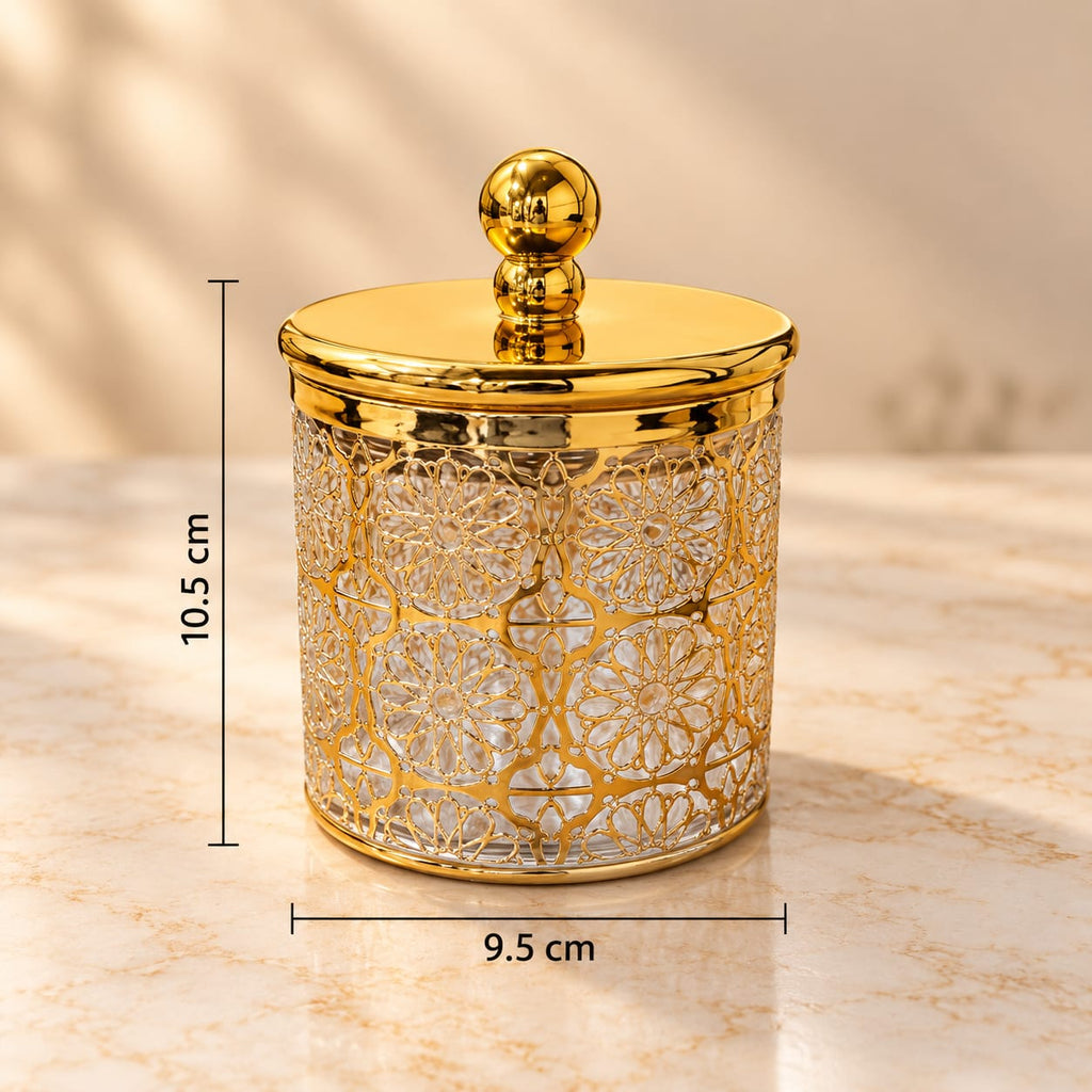 Deluxe Moroccan Geometric Pattern Decorative Canister with Lid | 550 ML | Elegant Gold Finish Storage Container for Kitchen, Home & Décor