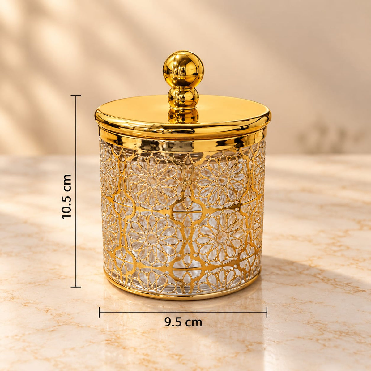 Deluxe Moroccan Geometric Pattern Decorative Canister with Lid | 550 ML | Elegant Gold Finish Storage Container for Kitchen, Home & Décor