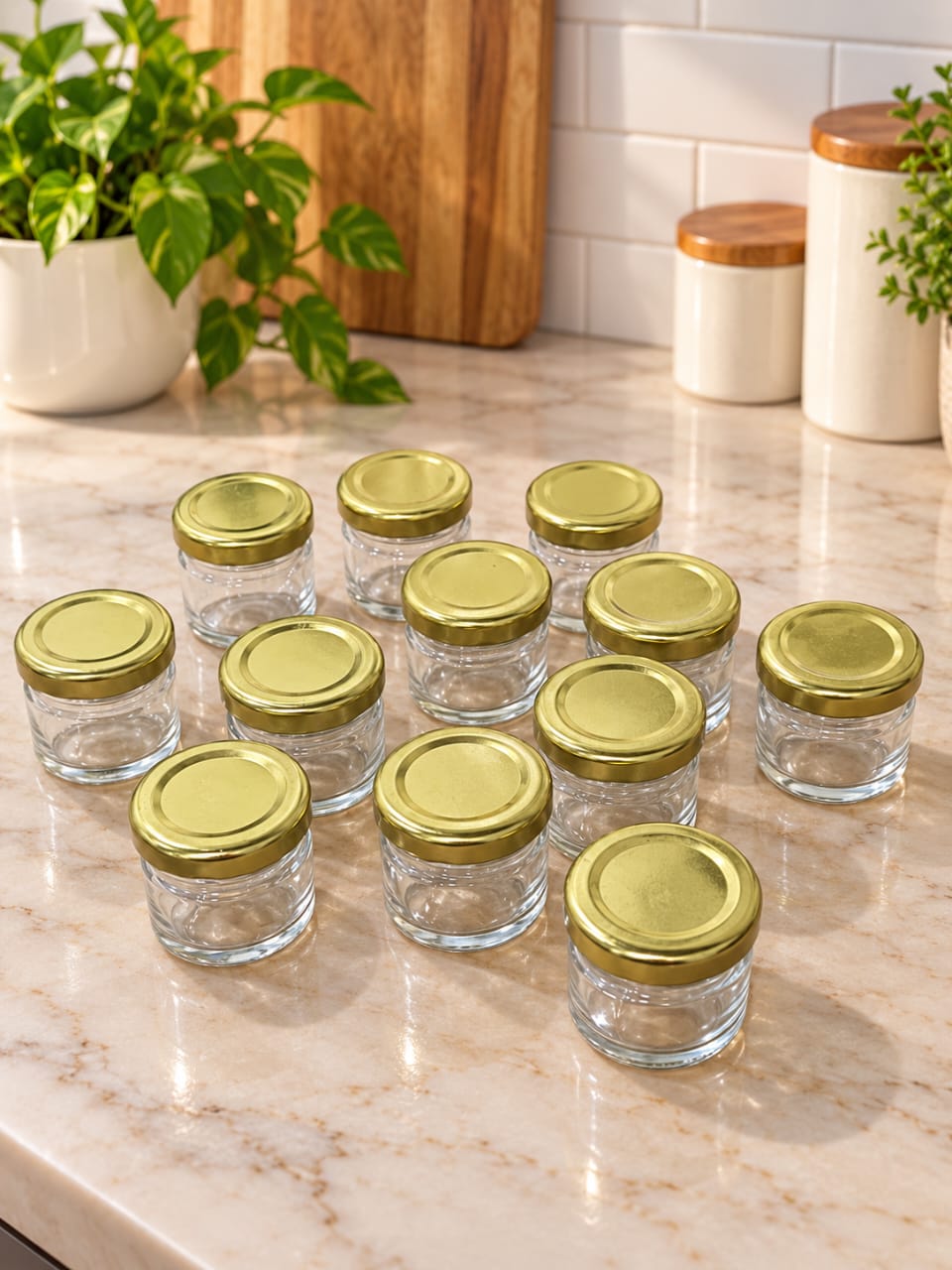 30 ML Cylindrical Glass Jars with Golden Metal Lid, Set of 12 | Mini Clear Glass Storage Containers for Spices, Dry Fruits, Honey, Candles, Crafts & Kitchen Use