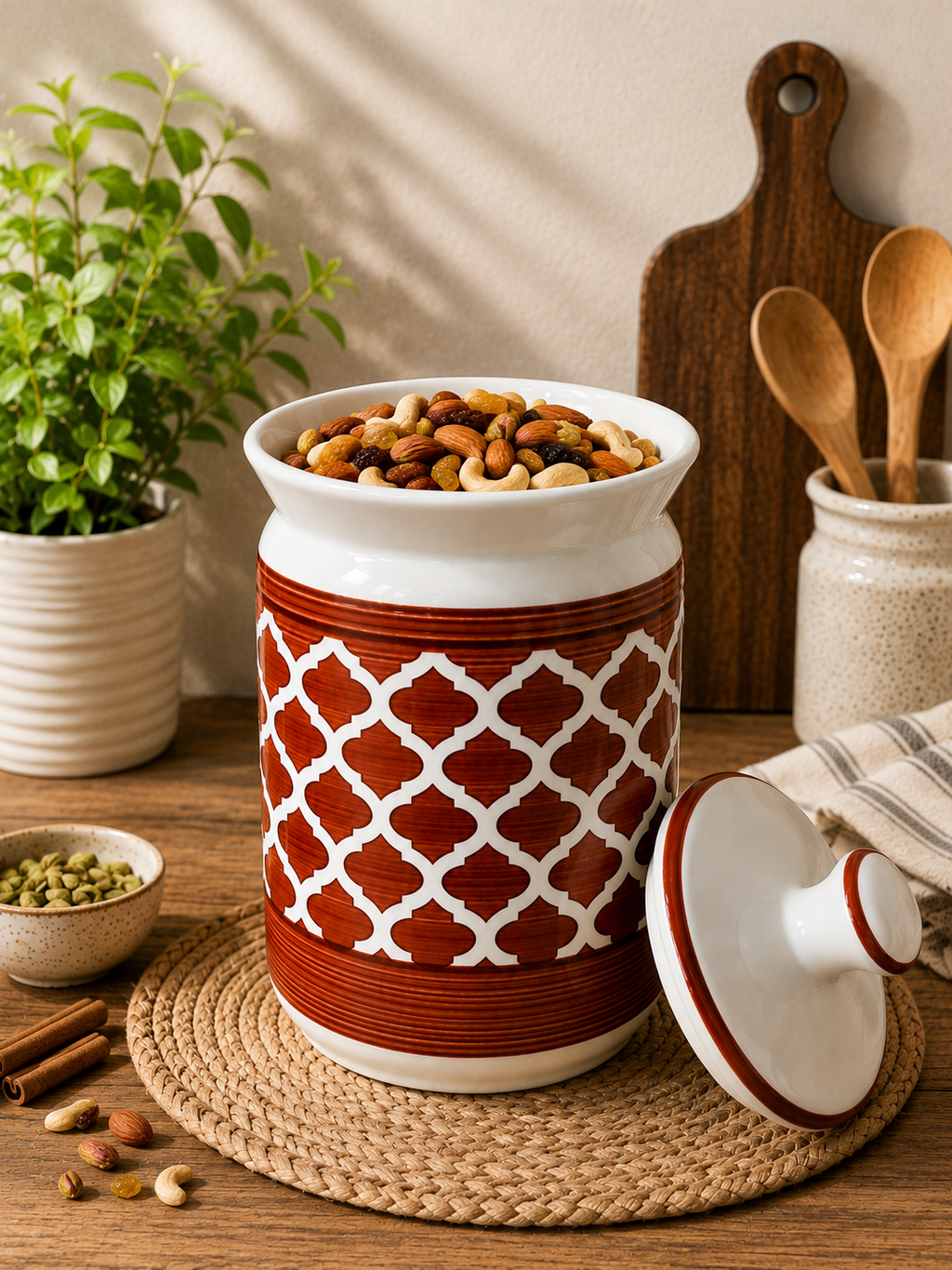 Barniwala 2000 ML Ceramic Cylindrical Storage Jar with Lid | Premium Large Kitchen Container for Pickle, Achar, Spices, Sugar, Tea, Coffee, Dry Fruits & Snacks | Stylish Pantry Organizer & Food Storage Canister