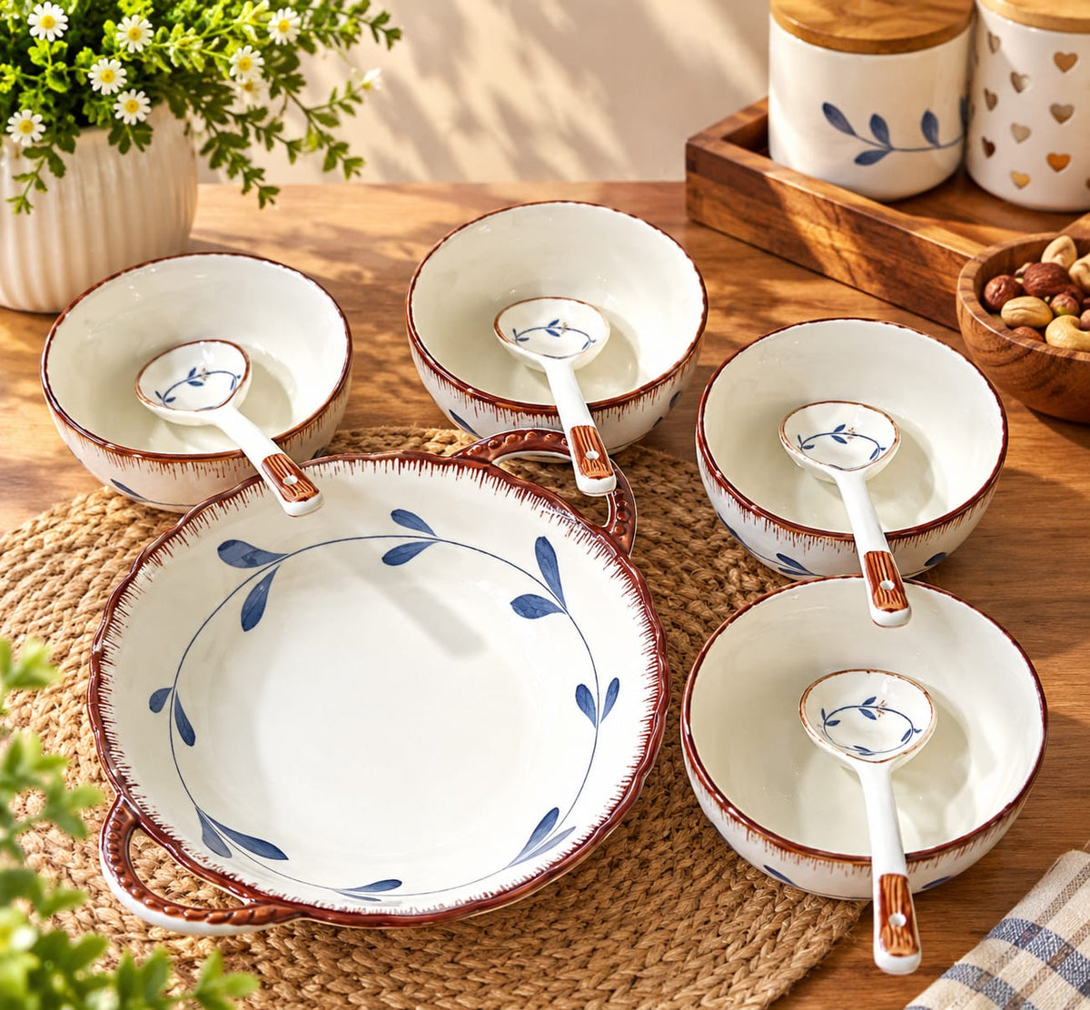 Coral Series Ceramic Bowls & Spoons Set of 9 | Elegant Blue Leaf Pattern Tableware Set | 4 Ceramic Serving Bowls with 4 Spoons & 1 Serving Dish | Breakfast, Snacks, Dessert, Soup & Everyday Dining Set