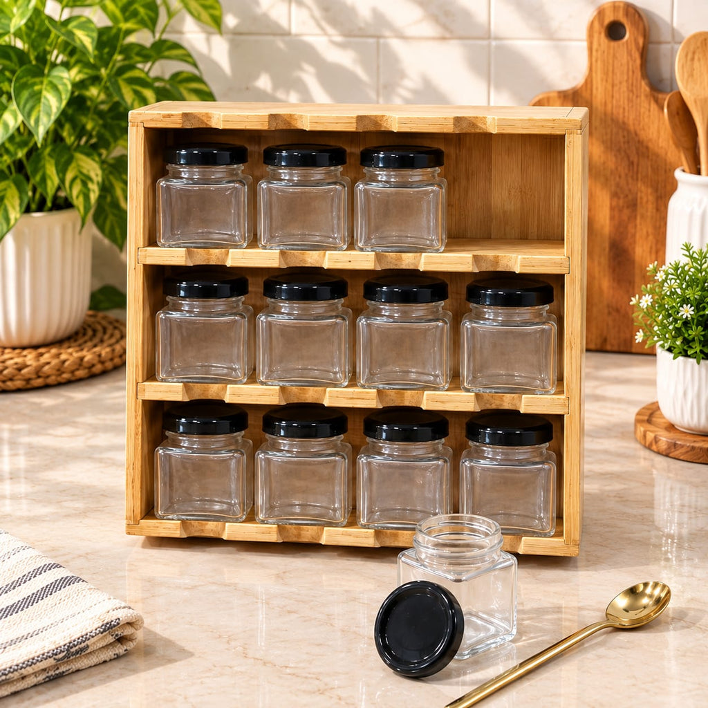 Barniwala 12 Pcs Glass Spice Jar Set with Black Lids & Wooden Spice Rack | Kitchen Masala Organizer | Transparent Spice Containers for Salt, Pepper, Turmeric, Chilli, Herbs & Seasonings