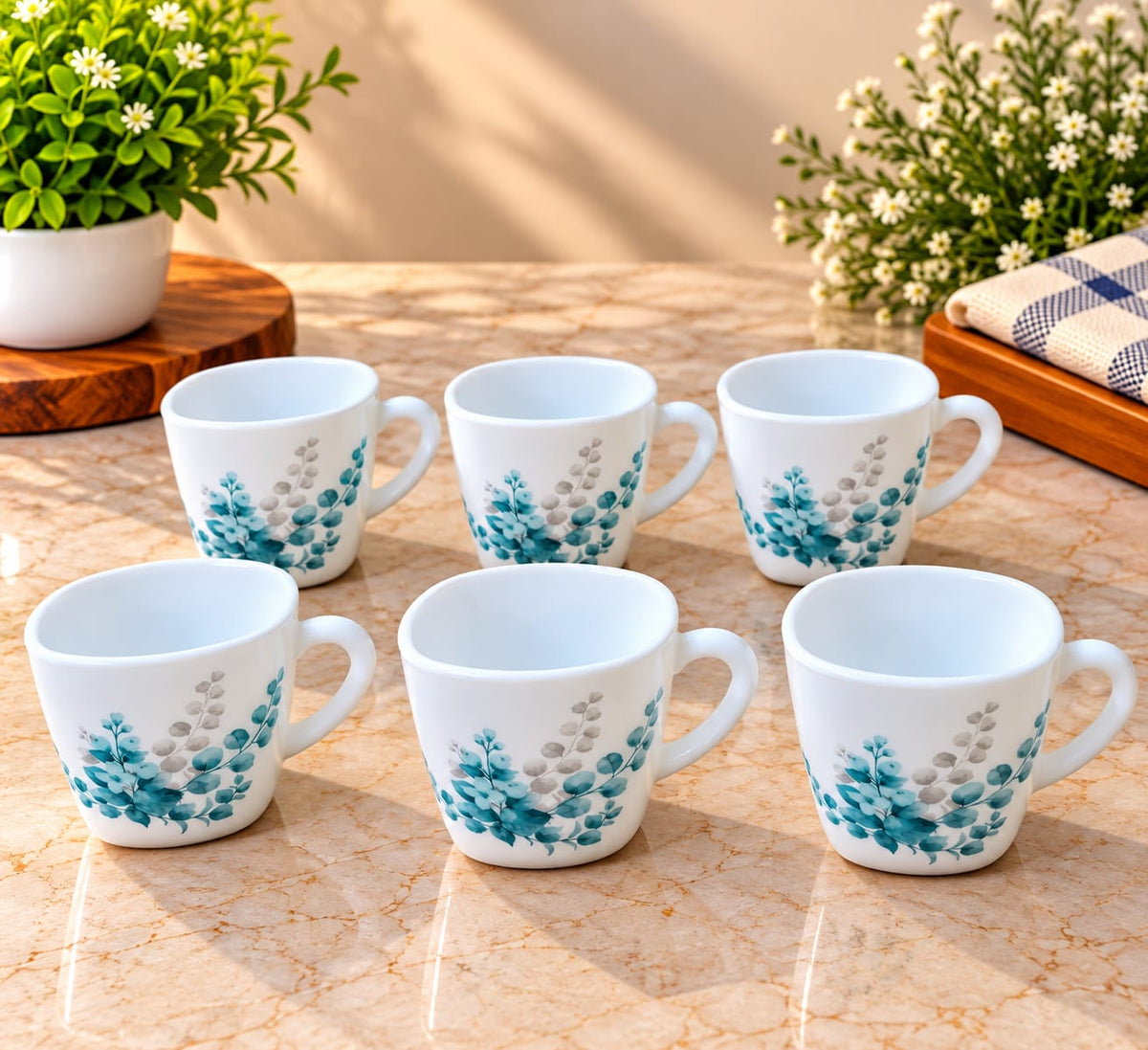 Cello Vogua Aqua Leaves Cups Set of 6, 100 ml Small Tea & Coffee Cups with Elegant Floral Design for Home, Office & Gifting