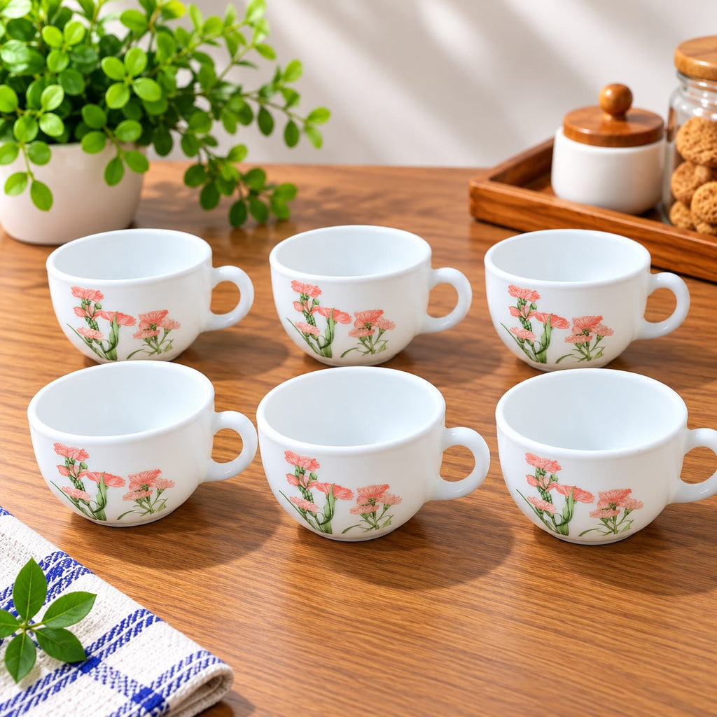 La Opala Pink Florets Cup Set of 6, 100 ML Each | White Floral Printed Tea Cups | Elegant Pink Flower Design | Small Tea, Coffee & Serving Cups