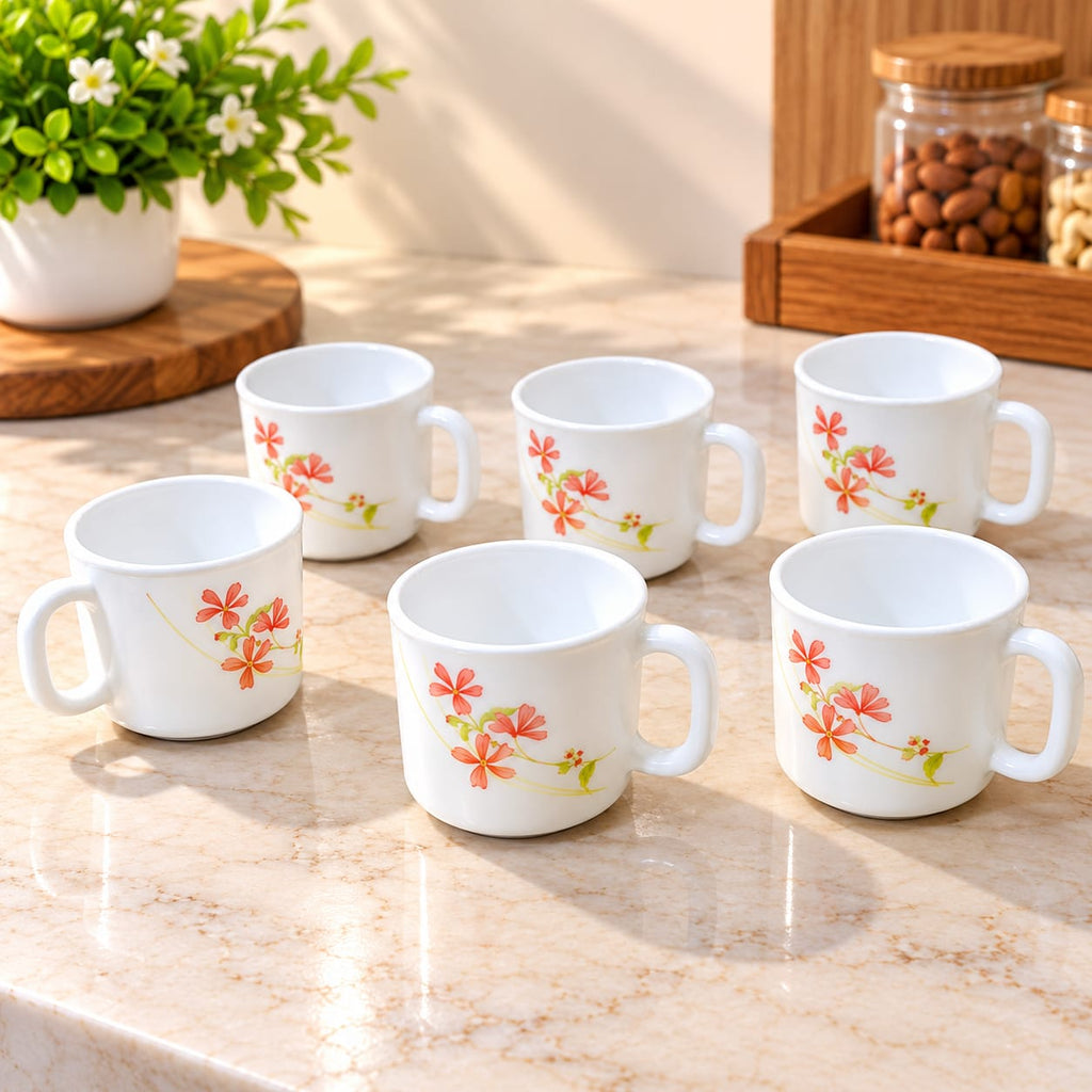 La Opala Coral Charm Cup Set of 6 | 120 ML Floral Printed Coffee & Tea Cups | Elegant White Opalware Cups for Home, Office & Gifting