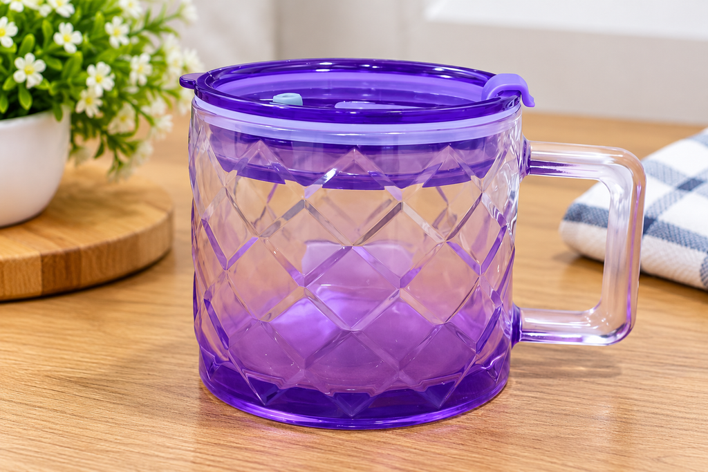 Barniwala Glass Mug with Lid and Straw, Purple Crystal Design Drinking Mug with Handle, Reusable Glass Coffee Tea Juice Mug for Home Office Kitchen