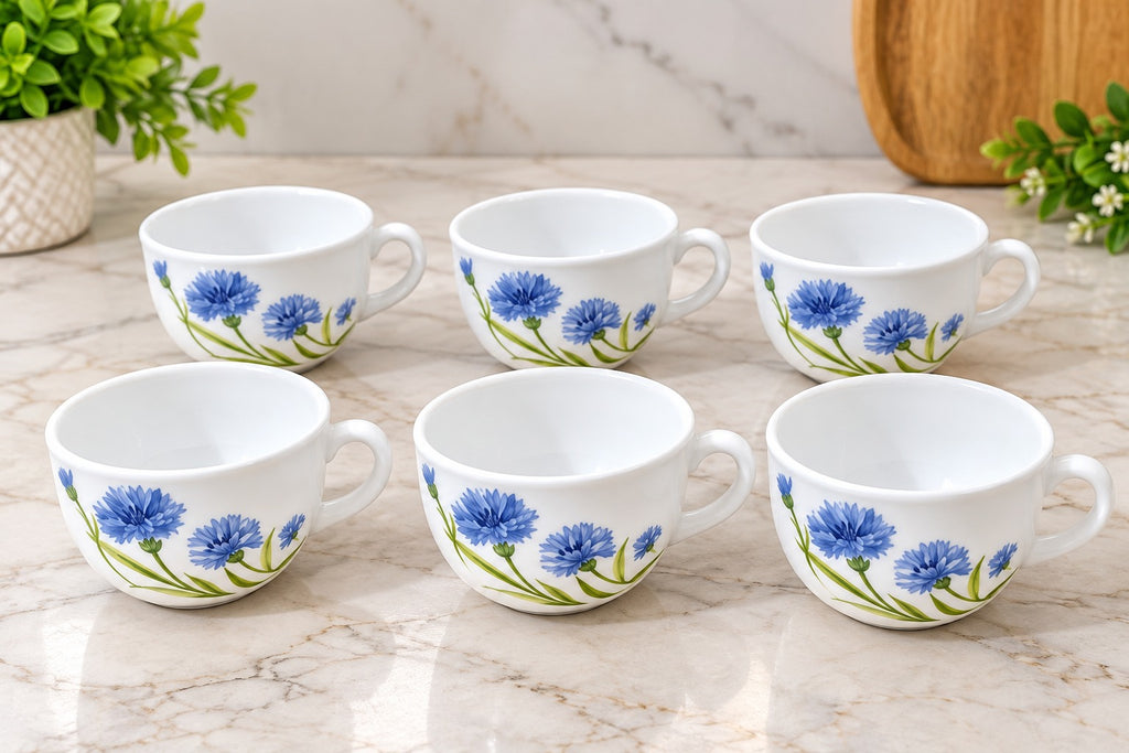 La Opala Floral Fountain Cup Set of 6, 100 ML Each, Elegant Floral Design Tea Cups, Premium Opalware Cups for Tea, Coffee, Milk & Daily Use