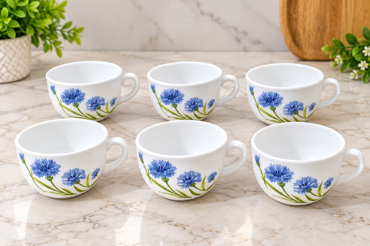 La Opala Floral Fountain Cup Set of 6, 100 ML Each, Elegant Floral Design Tea Cups, Premium Opalware Cups for Tea, Coffee, Milk & Daily Use