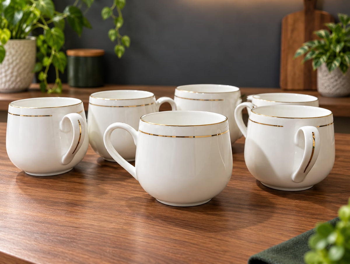 BHARAT CUP SET 6 PCS ANICA – GOLD LINE 200 ML | Premium White Ceramic Tea & Coffee Cups | Elegant Gold Rim Design | Cups Set for Home, Office & Gifting
