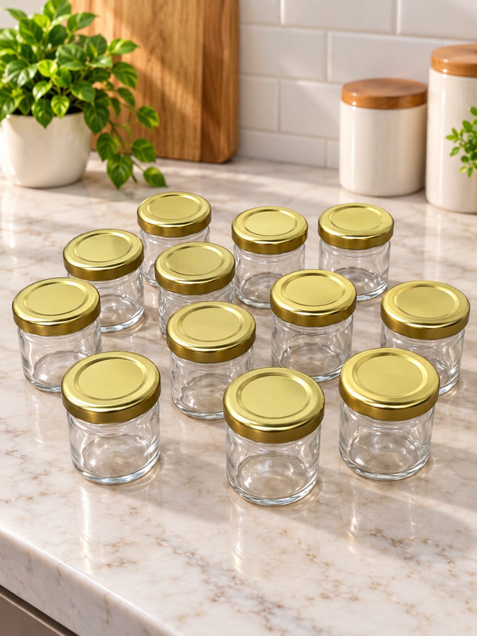 Cylindrical Glass Jars 40 ML with Golden Metal Lid, Set of 12 | Mini Glass Storage Containers for Spices, Dry Fruits, Crafts, Cosmetics & Kitchen Storage