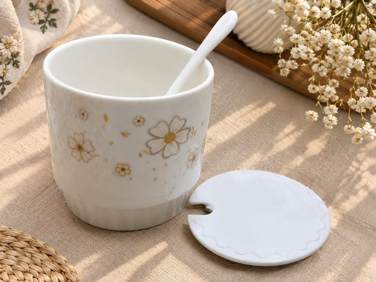 Barniwala Ceramic Storage Jars with Lids, Pack of 3 | Premium Floral Kitchen Containers with Serving Tray & Spoons | Multipurpose Spice, Dry Fruit, Sugar, Tea, Coffee & Snack Storage Set