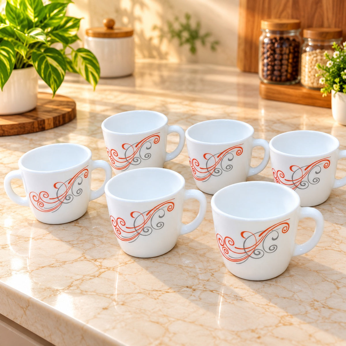 Cello Ricca Red Swirl Cups Set of 6, 100 ml Small Tea Coffee Cups with Elegant Red & Grey Design for Home, Office and Daily Use