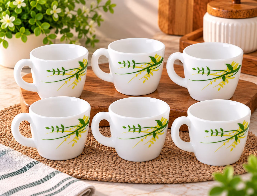 LARAH Green Herbs Cup Set of 6 | 100 ML Small  Coffee & Tea Cups | White Cups with Green & Yellow Leaf Design | Elegant Tea Cups for Home, Office & Gifting
