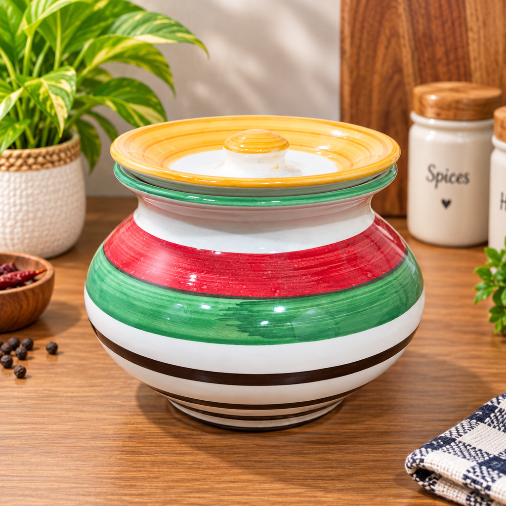 Barniwala 450 ML Ceramic Handi Loota Storage Jar with Lid | Traditional Indian Handi Design Kitchen Container for Pickle, Achar, Spices, Sugar, Tea, Coffee, Dry Fruits & Snacks | Decorative Pantry Organizer