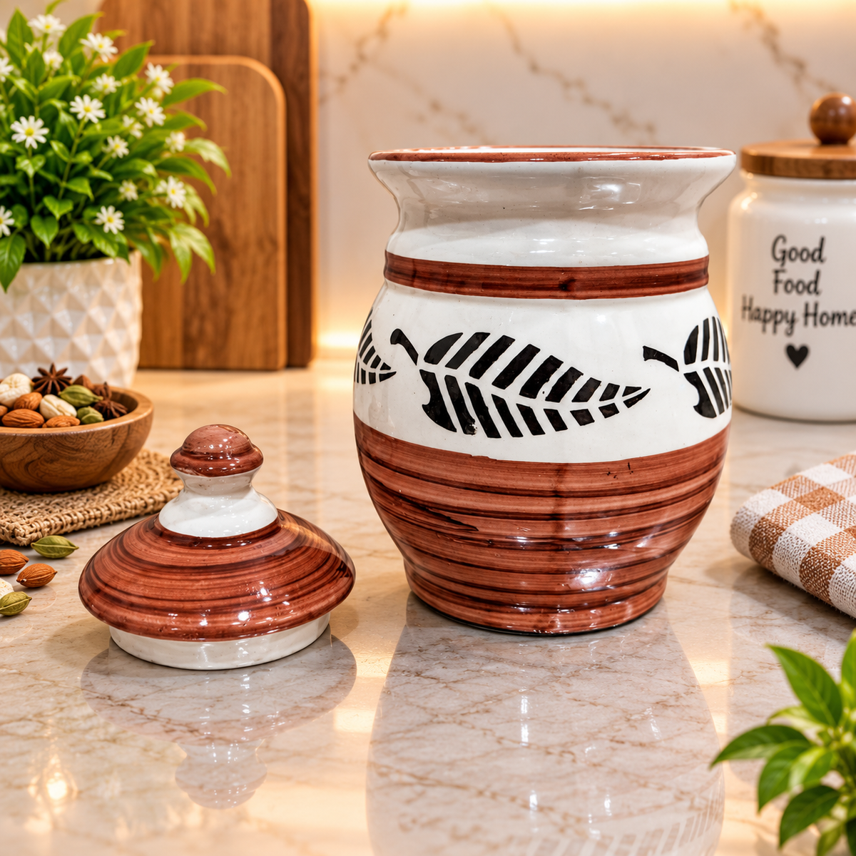 Barniwala 1000 ML Ceramic Bulb Storage Jar with Lid | Large Decorative Kitchen Container for Pickle, Achar, Spices, Sugar, Tea, Coffee, Dry Fruits & Snacks | Stylish Food Storage Canister