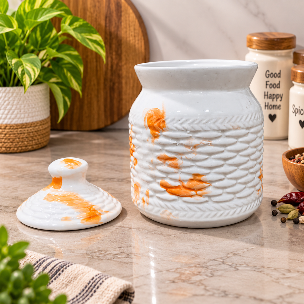 Barniwala 500 ML Ceramic Cutting Storage Jar with Lid | Premium Decorative Kitchen Container for Pickle, Achar, Spices, Sugar, Tea, Coffee, Dry Fruits & Snacks | Stylish Pantry Organizer