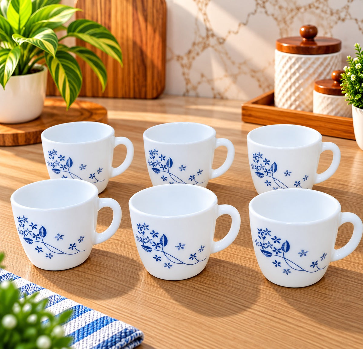 Cello Ricca Dainty Blue Cups 100 ML, Pack of 6 | Elegant Blue Floral Printed Tea Cups for Tea, Coffee, Milk & Espresso | Stylish Small Beverage Cups for Home, Office & Daily Use