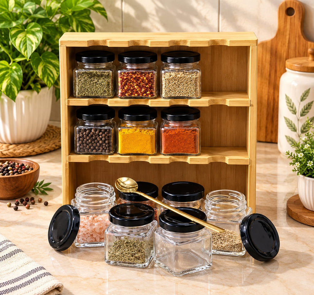 Barniwala 12 Pcs Glass Spice Jar Set with Black Lids & Wooden Spice Rack | Kitchen Masala Organizer | Transparent Spice Containers for Salt, Pepper, Turmeric, Chilli, Herbs & Seasonings