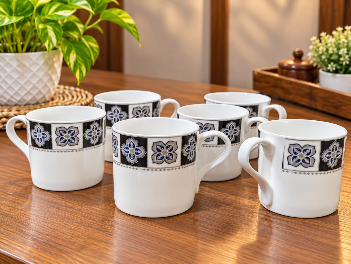 BHARTA Cup Set of 6, King Platina Series, 180 ML Tea & Coffee Cups, Elegant Printed Design, White Cups for Home, Kitchen & Office