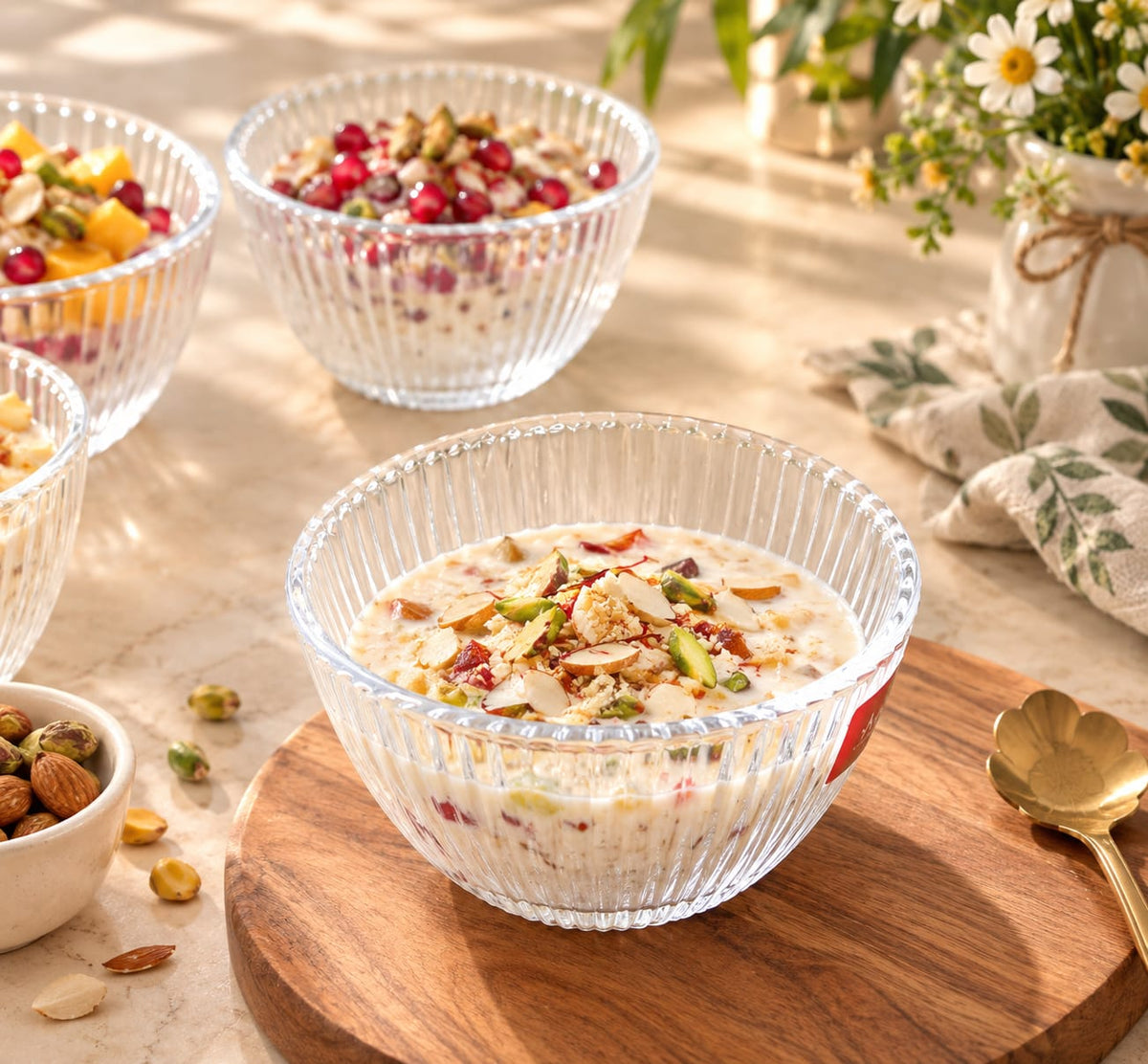Dessert Glass Bowls Set of 6 | Fluted Ribbed Floral Pattern Glass Bowls with Decorative Flower Base | Elegant Ice Cream Dessert Serving Bowls for Pudding, Mousse, Fruits, Custard, Sweets & Snacks