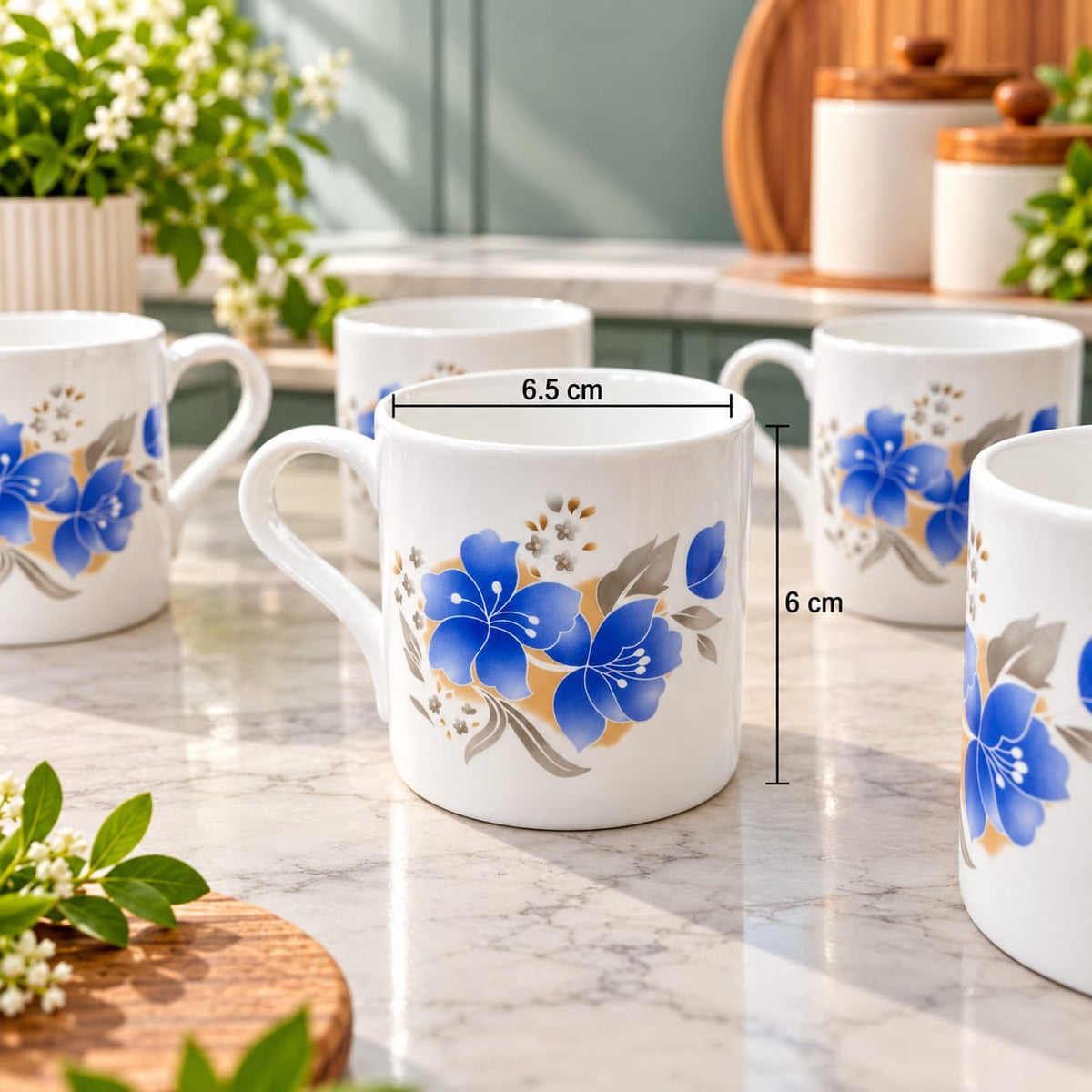 BHARAT Cup Set 6 Pcs King 180 ML | Stylish White Tea & Coffee Cups with Blue Floral Design | Premium Cup Set for Home, Office & Gifting