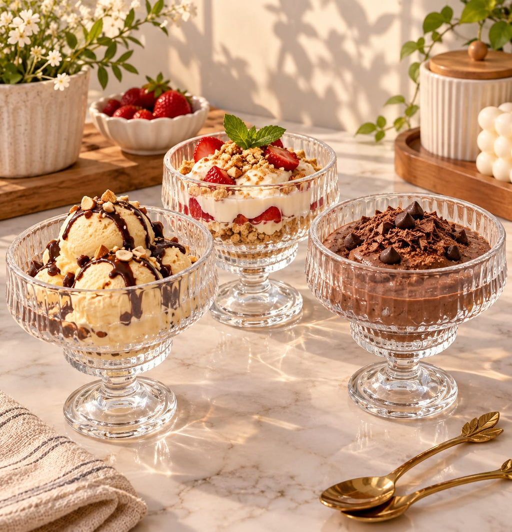 YUJING Glass Dessert Bowls Set of 3 | Elegant Ribbed Crystal Glass Ice Cream & Pudding Bowls | Dessert Cups for Ice Cream, Mousse, Custard, Fruit, Snacks & Sweets | Stylish Serving Bowls for Home & Parties