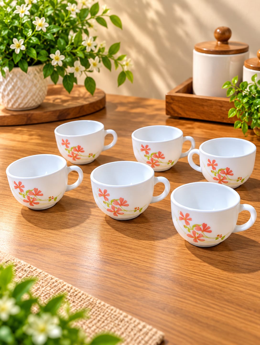 La Opala Coral Charm Cup Set of 6, 100 ml Each | White Opalware Tea & Coffee Cups with Floral Design