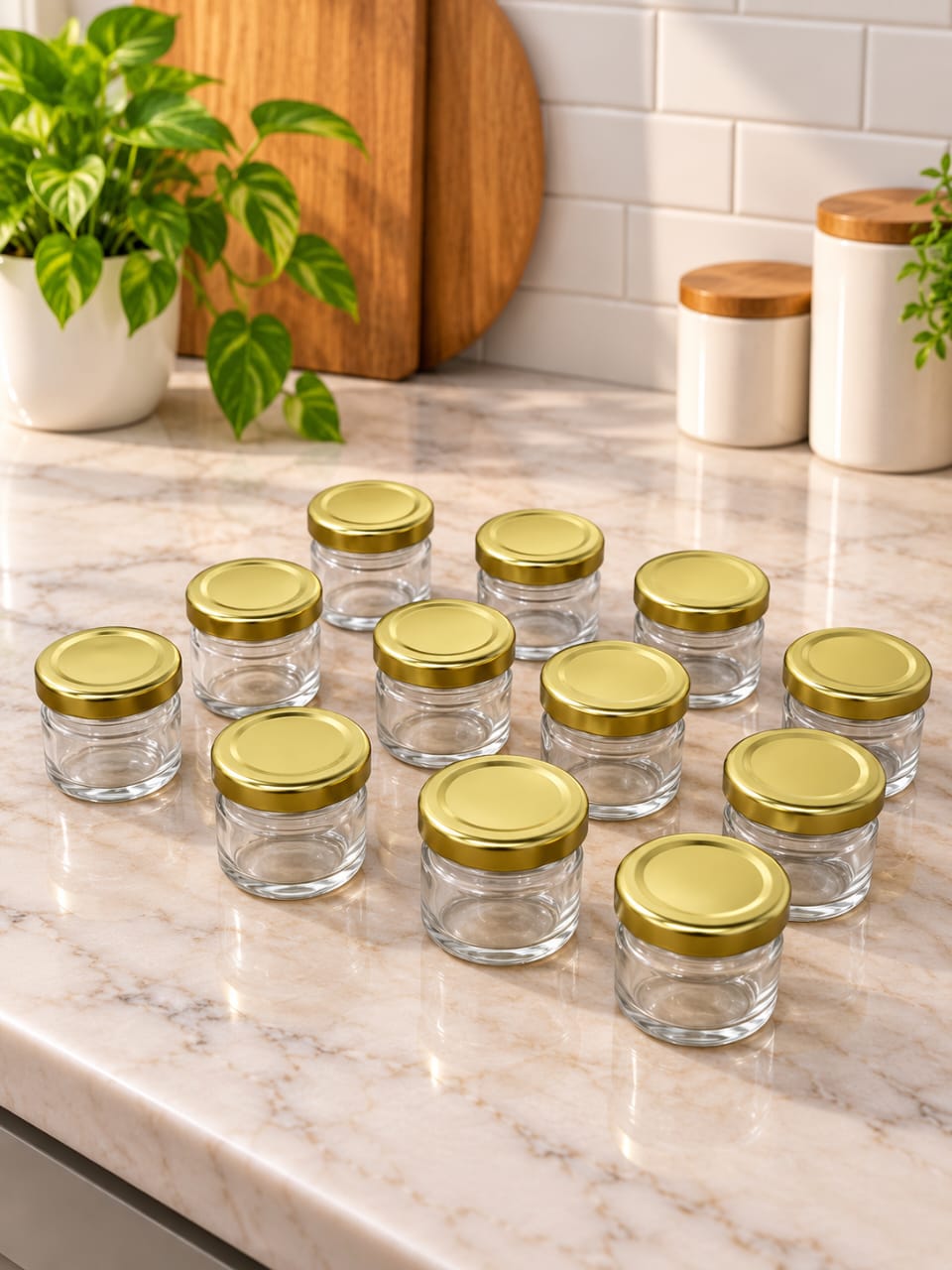 30 ML Cylindrical Glass Jars with Golden Metal Lid, Set of 12 | Mini Clear Glass Storage Containers for Spices, Dry Fruits, Honey, Candles, Crafts & Kitchen Use