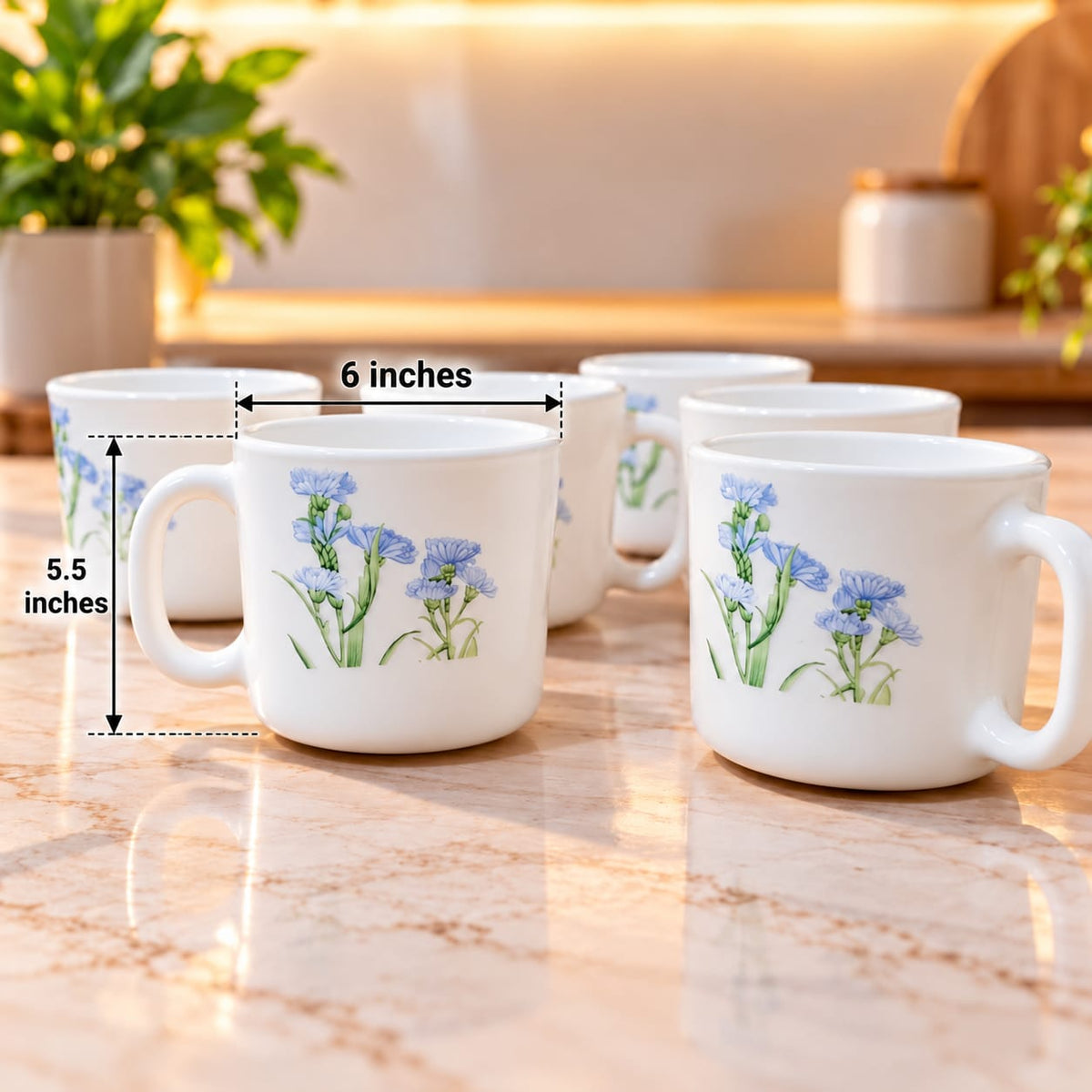 La Opala Blue Florets Cup Set of 6 | 120 ML Small Tea & Coffee Cups | Elegant Floral Printed Cups for Home, Office & Gifting
