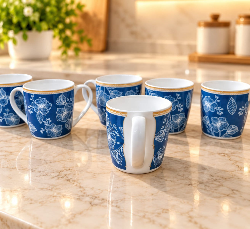 CLAY CRAFT Coffee Mug Set of 6, 300 ML Big Coffee Cups, Tea & Coffee Mugs, Blue Floral Printed Cups for Home, Office & Kitchen