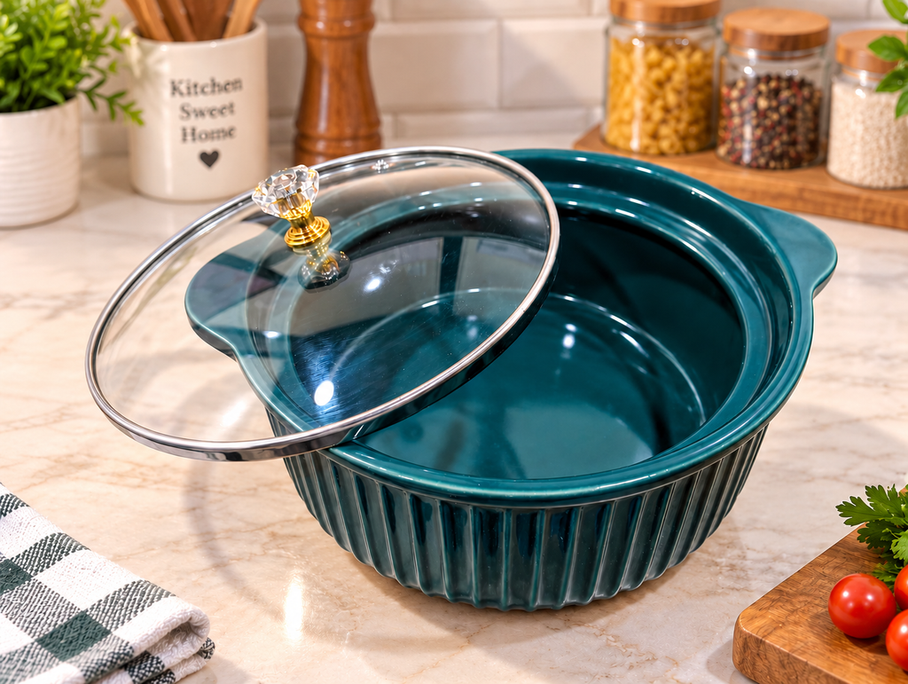 Barniwala Ceramic Soup Bowl with Glass Lid, Deep Teal Ribbed Serving Bowl | Multipurpose Ceramic Casserole Bowl for Soup, Dal, Curry, Pasta, Rice & Food Serving | Elegant Kitchen & Dining Bowl