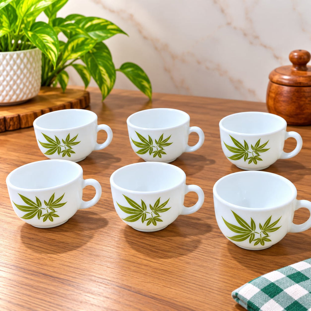La Opala Trinty Green Cup Set of 6, 100 ML Each, White Cups with Green Leaf Design for Tea, Coffee, Home & Gifting