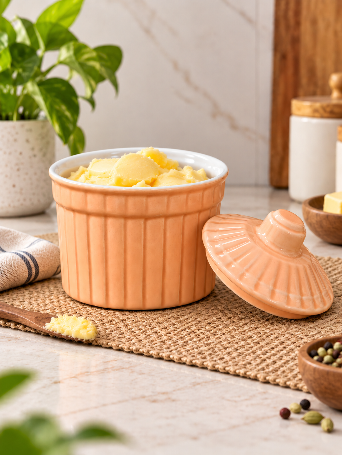 250 ML Ceramic Butter Pot with Lid | Multipurpose Kitchen Storage Container | Butter, Ghee & Condiment Holder | Decorative Ceramic Food Storage Jar | Pack of 3