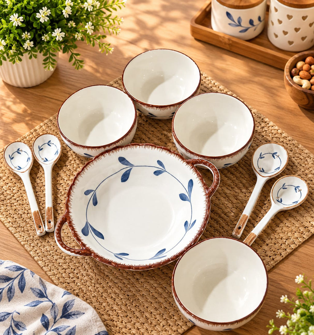 Coral Series Ceramic Bowls & Spoons Set of 9 | Elegant Blue Leaf Pattern Tableware Set | 4 Ceramic Serving Bowls with 4 Spoons & 1 Serving Dish | Breakfast, Snacks, Dessert, Soup & Everyday Dining Set