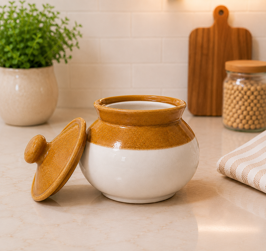 Barniwala 500 ML Ceramic Handi Lota Storage Jar with Lid | Traditional & Decorative Kitchen Container for Pickle, Achar, Spices, Sugar, Tea, Coffee, Dry Fruits & Snacks | Stylish Pantry Organizer & Food Storage Canister