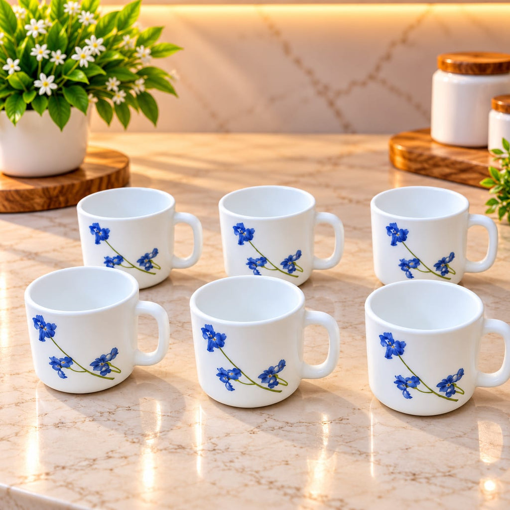 La Opala Blue Orchids Cup Set of 6 | 120 ML Floral Printed Tea & Coffee Cups | Elegant White Cups for Home, Office & Gifting