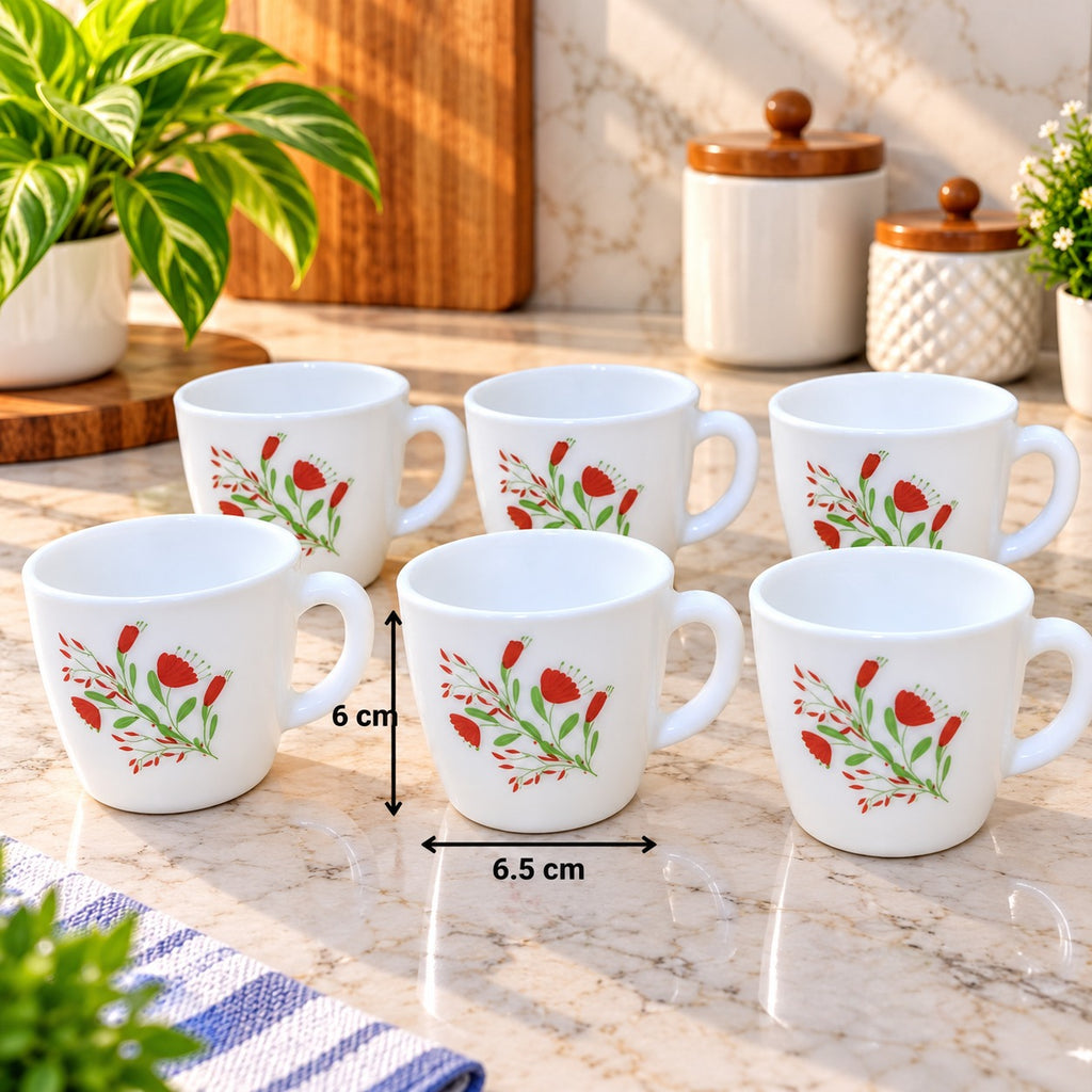 Cello Ricca Red Flora Look Cups Set of 6, 100 ml Each, White Cups with Red Floral Design, Tea Coffee Milk Serving Cups