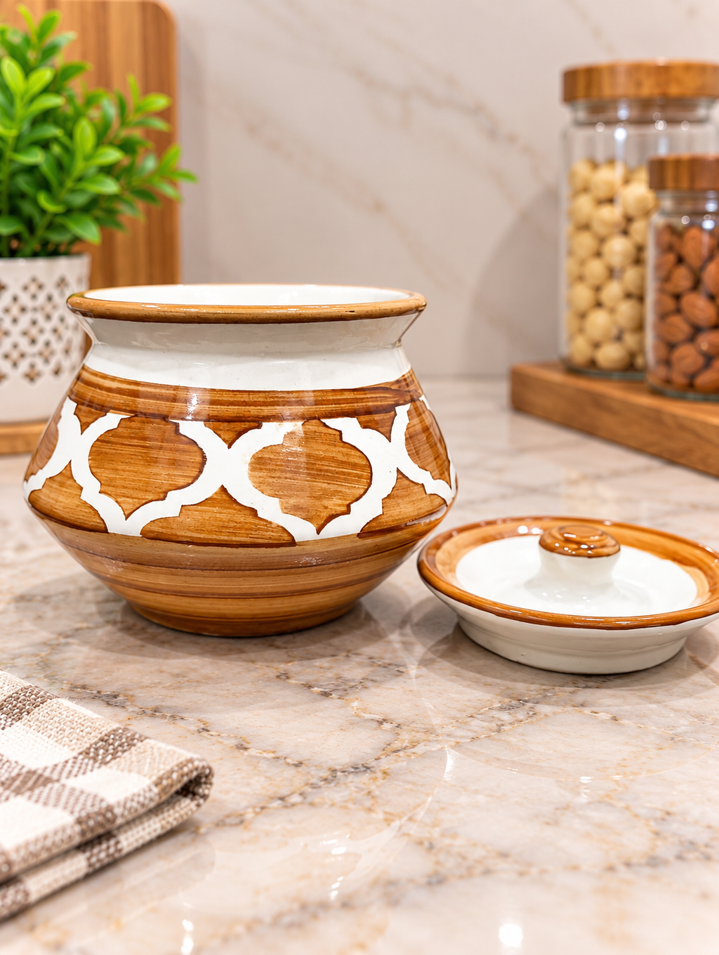 Barniwala 200 ML Ceramic Fancy Handi Jar with Lid | Decorative Kitchen Storage Container for Pickle, Achar, Spices, Sugar, Tea, Coffee, Dry Fruits & Snacks | Traditional Handi Style Food Storage Pot