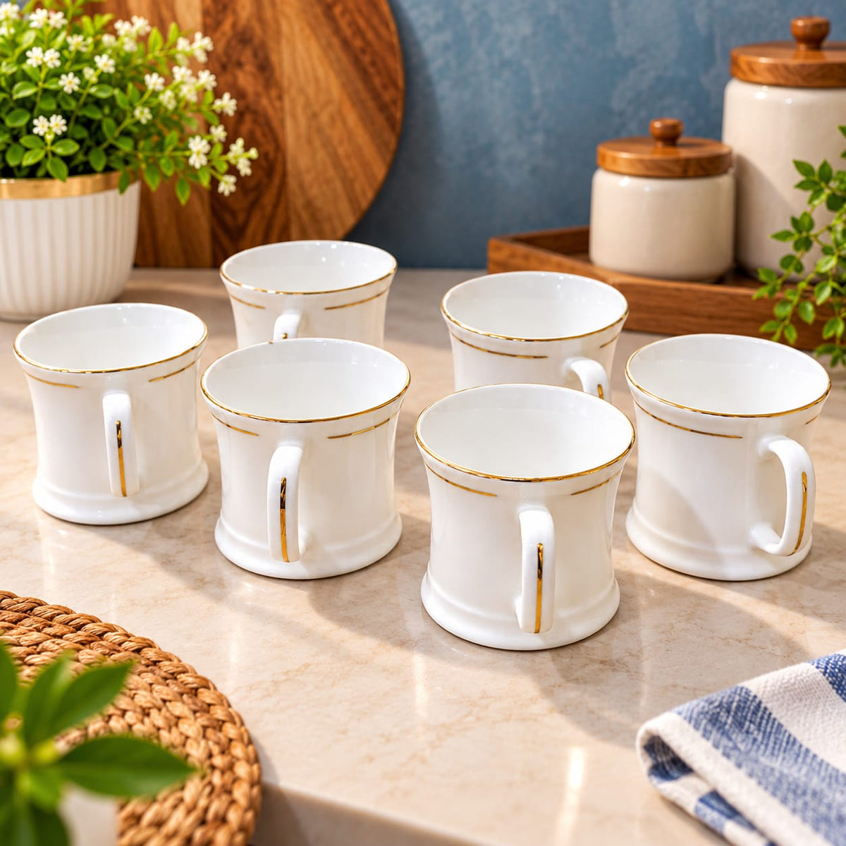 BHARAT NOVA Small Cup Set of 6 | 165 ML White Tea & Coffee Cups | Elegant Gold Rim | Stylish Cups for Home & Office