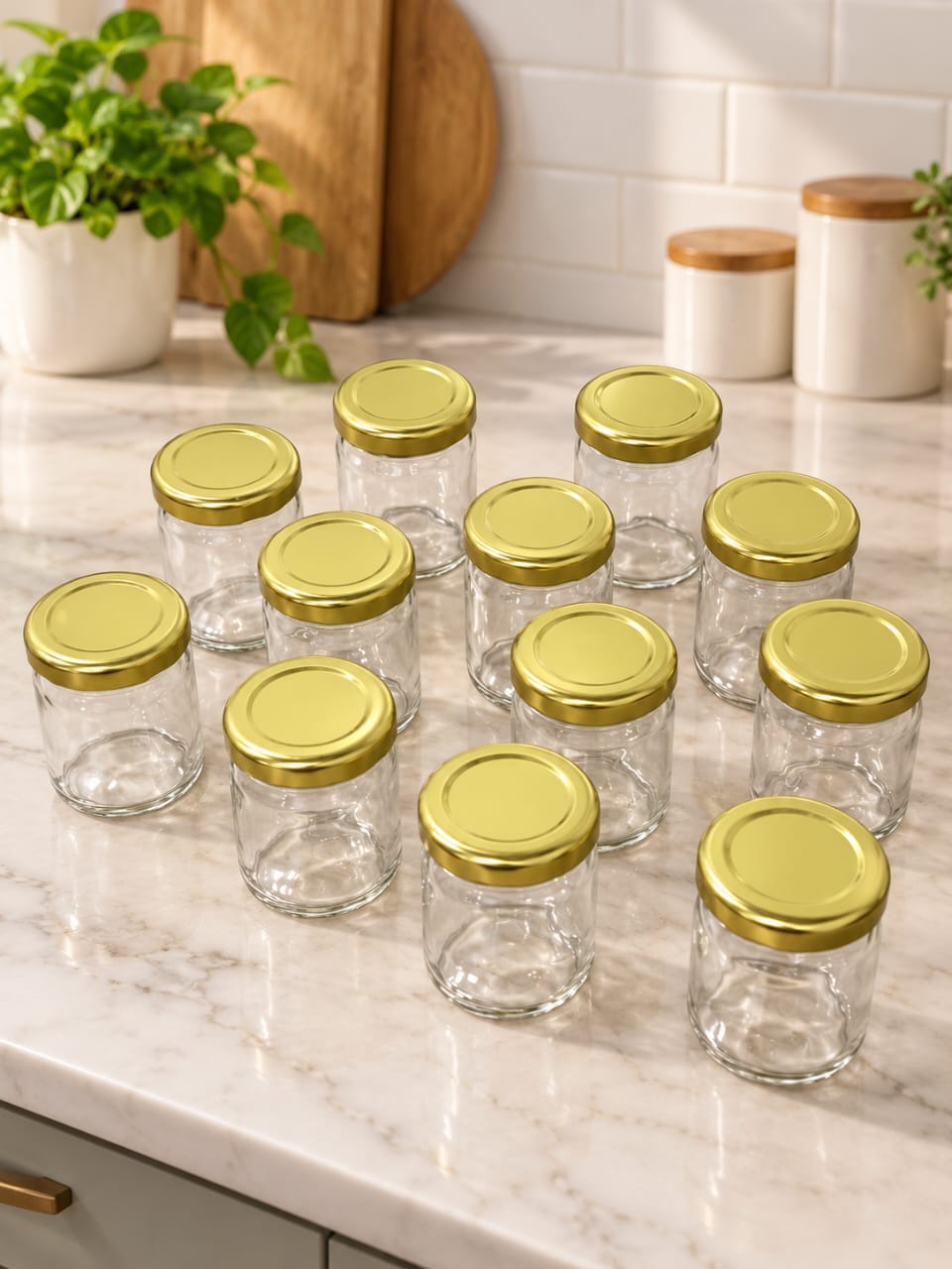 Cylindrical Glass Jar 60 ML with Golden Metal Lid, Set of 12 | Small Clear Glass Storage Jars for Spices, Dry Fruits, Pickles, Honey & Kitchen Storage