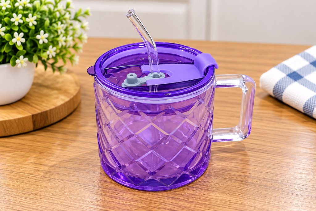 Barniwala Glass Mug with Lid and Straw, Purple Crystal Design Drinking Mug with Handle, Reusable Glass Coffee Tea Juice Mug for Home Office Kitchen