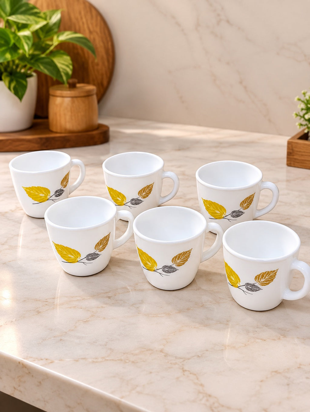 Cello Ricca Autumn Leaf Look Cup Set, 6 Pieces, 100 ml Each, White Cups with Elegant Autumn Leaf Design for Tea, Coffee and Daily Use