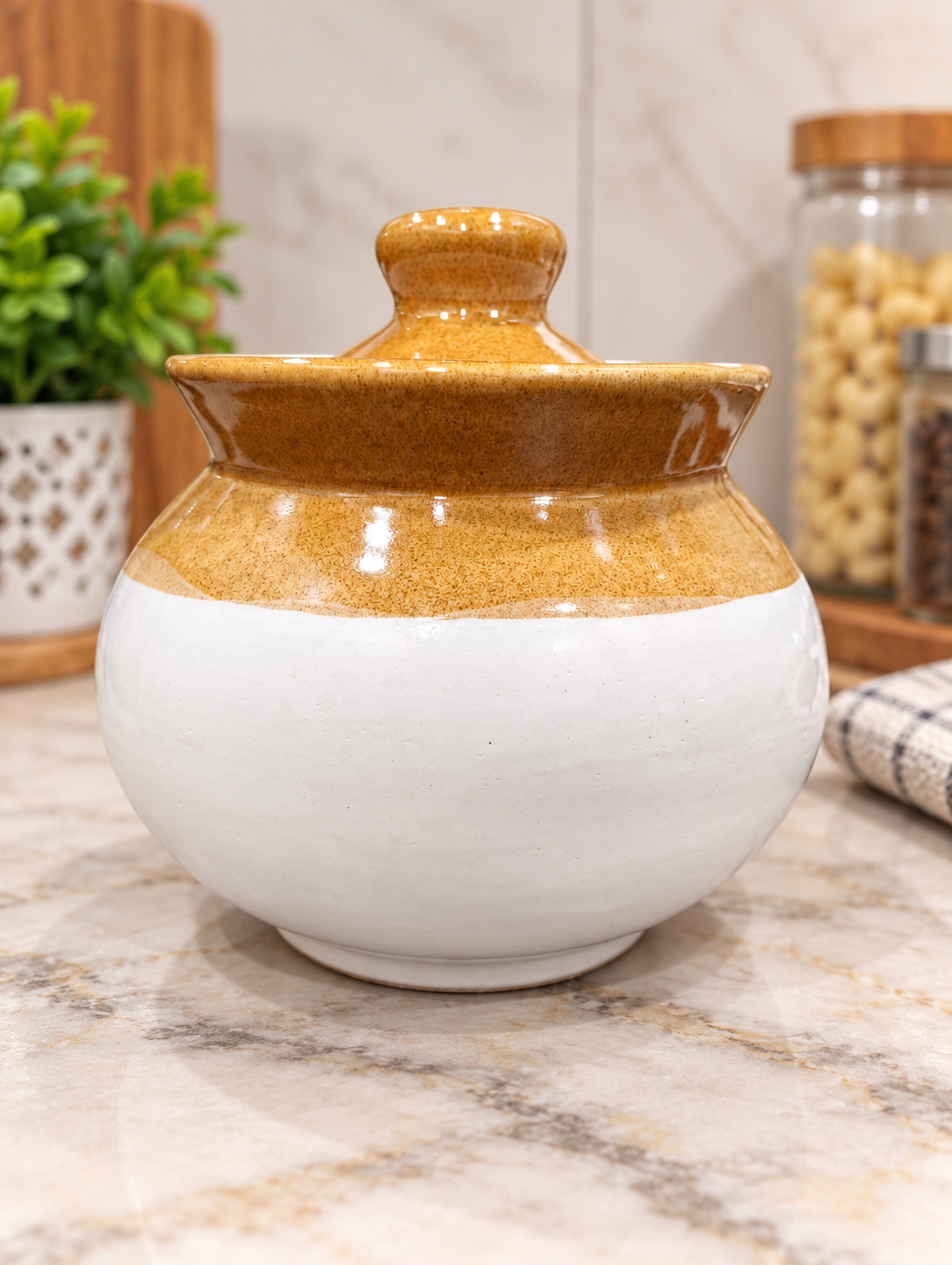 Barniwala 350 ML Ceramic Loota Handi Storage Jar with Lid | Traditional & Decorative Kitchen Container for Pickle, Achar, Spices, Sugar, Tea, Coffee, Dry Fruits & Snacks | Food Storage Pot