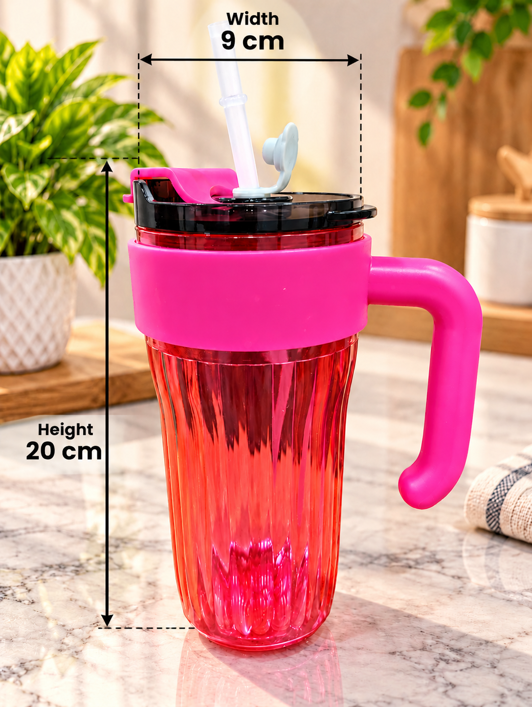 Coffee Cup Pack of 1 | Pink Ribbed Glass Coffee Mug with Handle, Lid & Straw | Stylish Glass Tumbler for Hot & Cold Coffee, Tea, Milkshake, Juice & Beverages